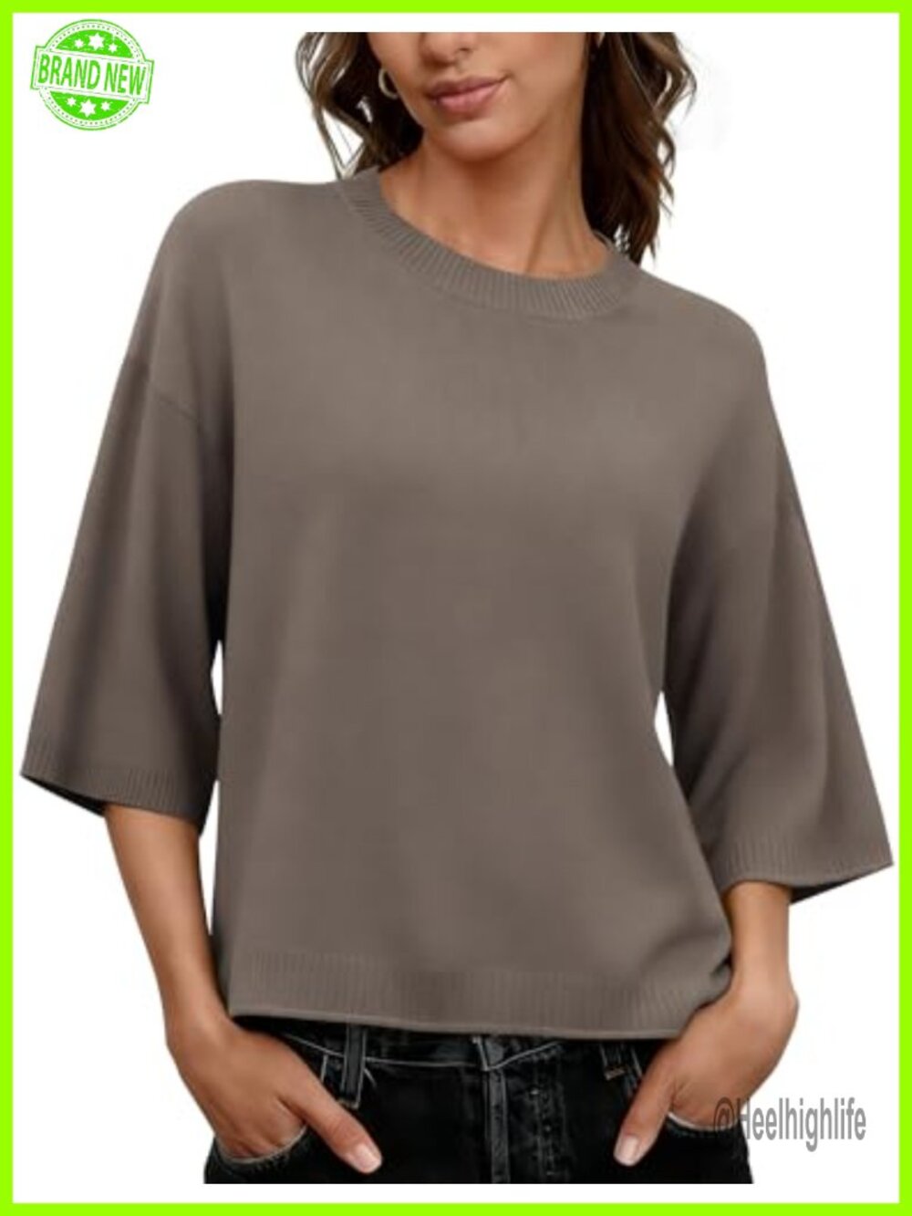 Womens Oversized Sweater 3/4 Sleeve Crewneck Knit Top Loose Fit